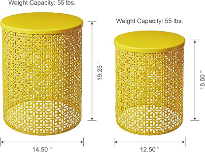 Glitzhome Outdoor Side Table Set of 2, Decorative Garden Stool for Patio Heavy Duty Metal Frame Accent Table Modern End Table, Glossy Yellow