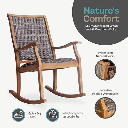 Cambridge Casual Dunham Teak Porch Rocking Chair, Padded Woven Seat, All-Weather Teak Wood Outdoor Rocker with Built-in Quick Dry Cushion and Poly-Rattan Wicker Accents