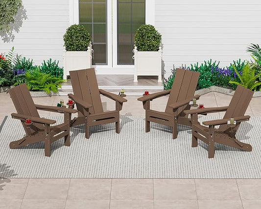 SERWALL Modern Adirondack Chair Set of 4, Folding Adirondack Chair with Cup Holders, Outdoor HDPE Fire Pit Chairs for All Weather Use, Brown