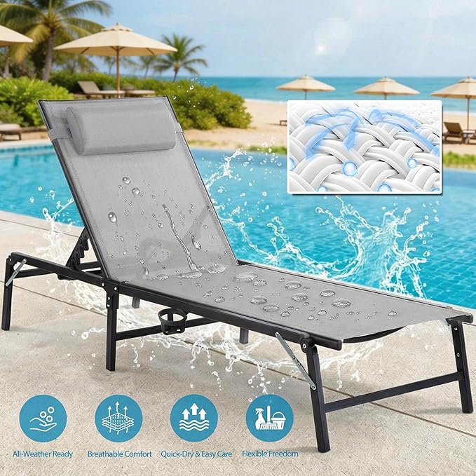 Foldable Outdoor Lounge Chairs Set of 4, No Assembly Chaise Lounge Outdoor with Cup Holder and 6 Adjustable Positions - Photo 5