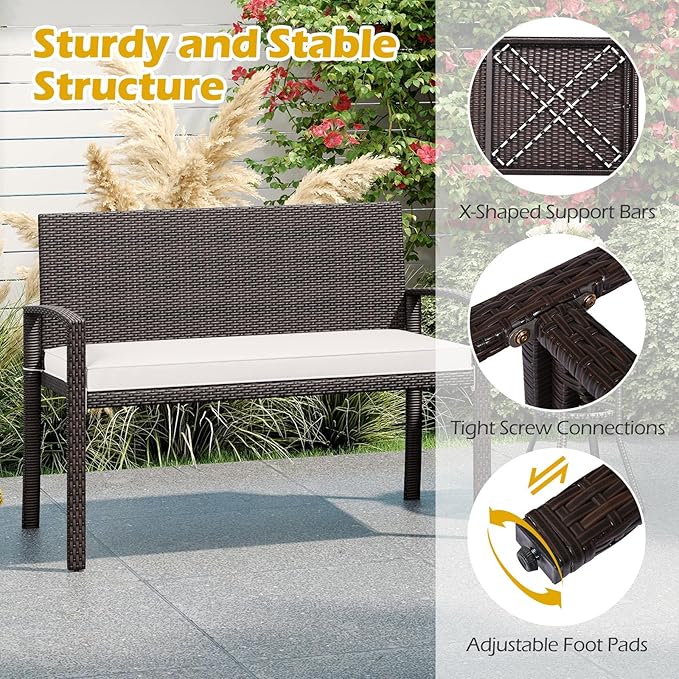 Byroce Outdoor Rattan Bench, Patio Loveseat with Backrest, Armrest & Removable Cushion, Upholstered Wicker Love Seat Furniture for Balcony, Backyard, Porch & Garden, Rustic Brown