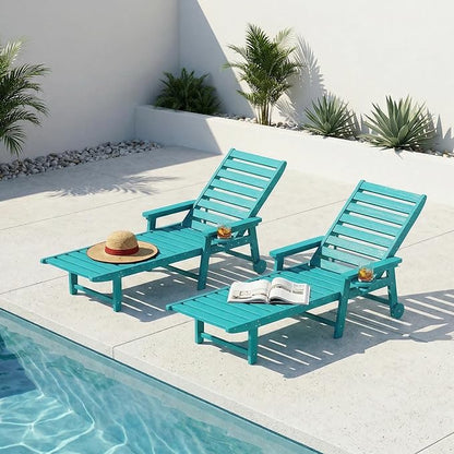 5-Position Adjustable Lounge Chair Outdoor Set of 2, HDPE Outdoor Chaise Lounge with Cup Holder & Wheels, Pool Lounge Chairs for Poolside, Beach, Deck, Aruba Blue