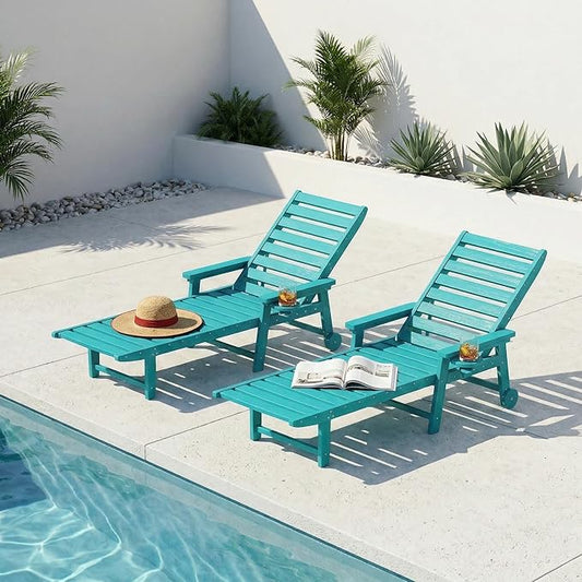5-Position Adjustable Lounge Chair Outdoor Set of 2, HDPE Outdoor Chaise Lounge with Cup Holder & Wheels, Pool Lounge Chairs for Poolside, Beach, Deck, Aruba Blue