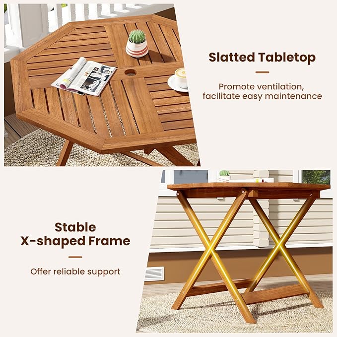 Tangkula 35.5" Octagonal Patio Dining Table, Hardwood Outdoor Bistro Table with Slatted Tabletop, 1.97" Umbrella Hole & Teak Oil Finish, Outside Table for Porch Balcony Deck Poolside Yard