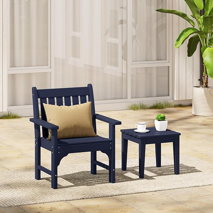 Costaelm Outdoor Patio Table and Chairs Set of 2, 2-Piece HDPE Garden Chair with Square Adirondack Side Table Set, Porch Chairs Coffee Table for Outside Porch Backyard, Navy Blue