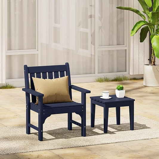 Costaelm Outdoor Patio Table and Chairs Set of 2, 2-Piece HDPE Garden Chair with Square Adirondack Side Table Set, Porch Chairs Coffee Table for Outside Porch Backyard, Navy Blue
