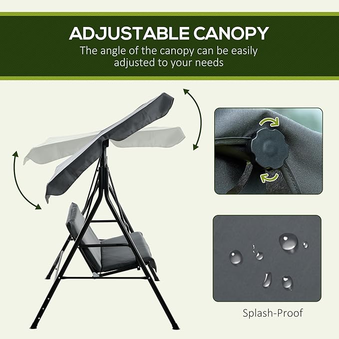 Outsunny 3-Seat Outdoor Patio Swing Chair with Removable Cushion, Steel Frame Stand and Adjustable Tilt Canopy for Patio - Photo 3