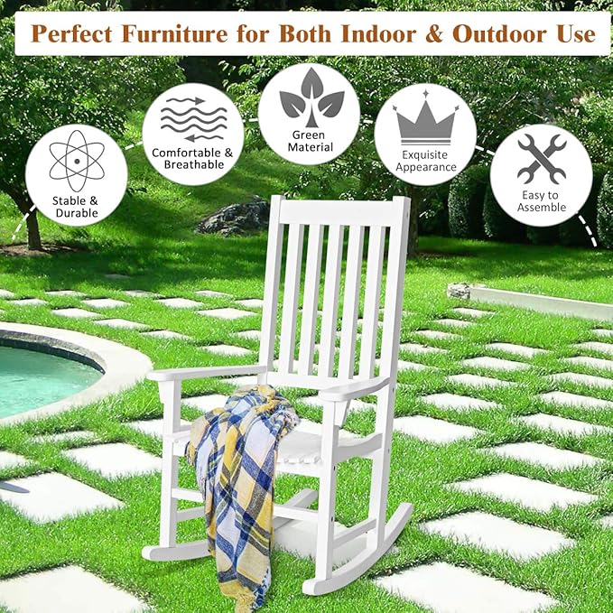 Giantex Rocking Chair Acacia Wood Frame, Porch Rocker Outdoor& Indoor for Garden, Lawn, Balcony, Backyard and Patio Porch Rocker (2, White)
