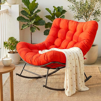 Cushioned Papasan Rocking Chair for Outdoor Indoor, Oversized Outdoor Rocking Chair with Cushion, Egg Rocker for Patio, Porch, Balcony, Lawn, Bedroom, Living Room, Red-Orange
