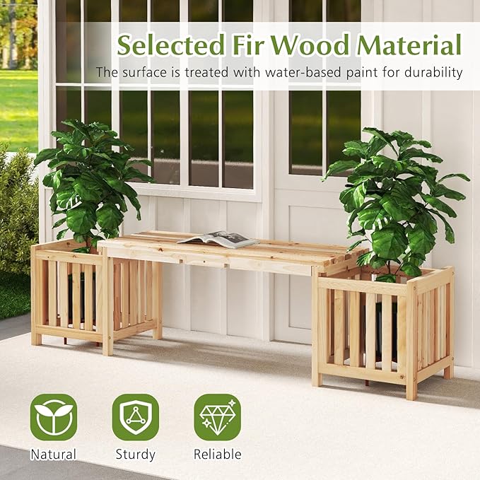HAPPYGRILL Patio Wooden Bench with Planter, 2 Person Patio Bench with/ 2 Side Flower Box, Slot Design for Easy Assembly, Natural Fir Wood Frame, Outdoor Garden Bench Seat for Patio, Garden, Backyard