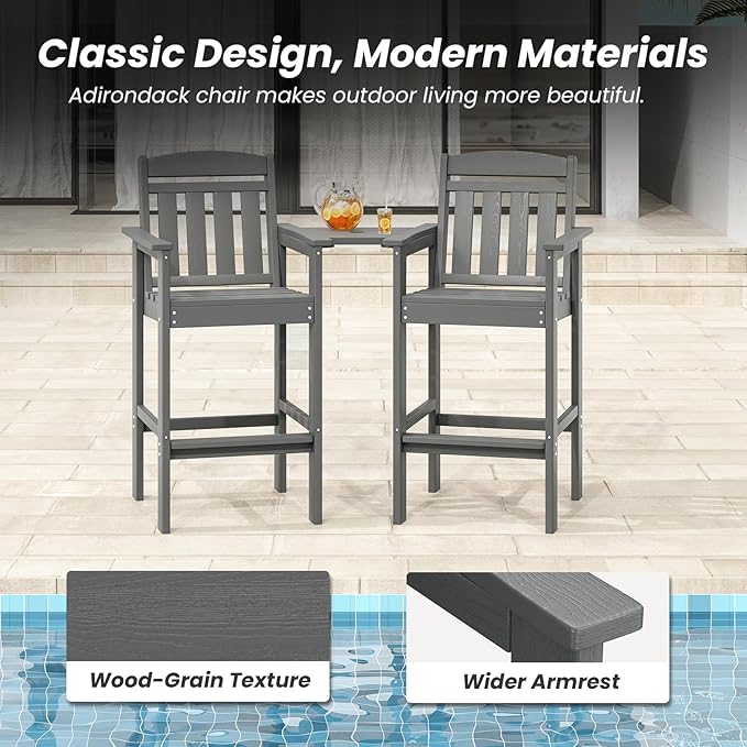 Soohow Tall Adirondack Chairs Set of 2, HDPE Adirondack Bar Stools with Connecting Tray, Bar Height Adirondack Chair Patio Barstool, Ideal All Weather Tall Patio Chair for Balcony, Poolside, Backyard
