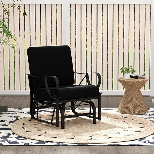 Tangkula Outdoor Patio Glider, Metal Framed Gliding Chair with Cushion, Ergonomic Single-Person Outdoor Patio Chair with Curved Armrest, Smooth Rocking Arms for Porch, Patio (1)