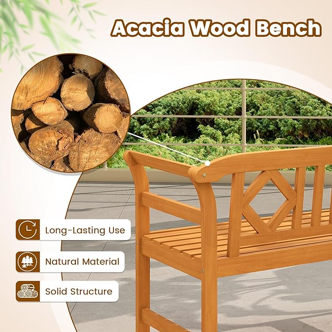 Tangkula Acacia Wood Outdoor Bench with Diamond Backrest, 2-Person Patio Wood Bench with Curved Armrests, Slatted Seat, Garden Bench Loveseat for Park, Yard, Lawn, Patio, 800 LBS Max Load