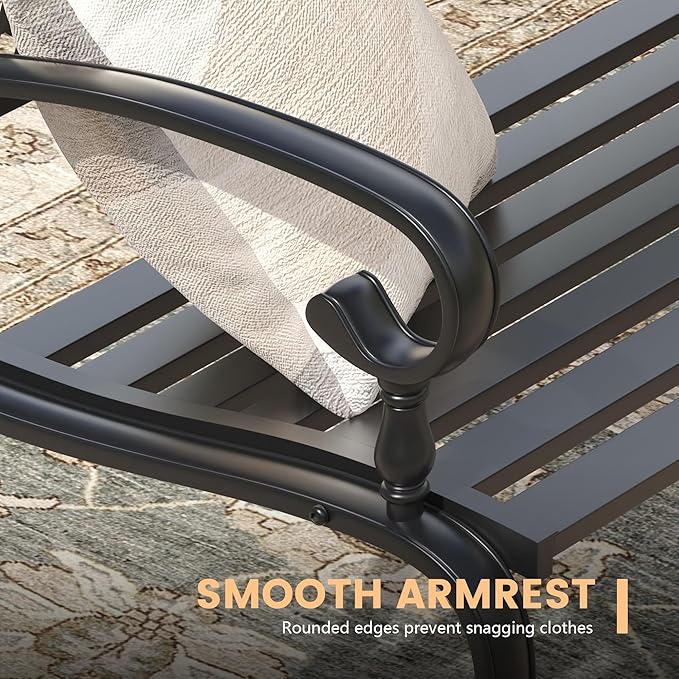 Outdoor Bench, 50.4" Patio Metal Frame Garden Bench with Backrest and Curved Armrests for Lawn Backyard, Black - Photo 6