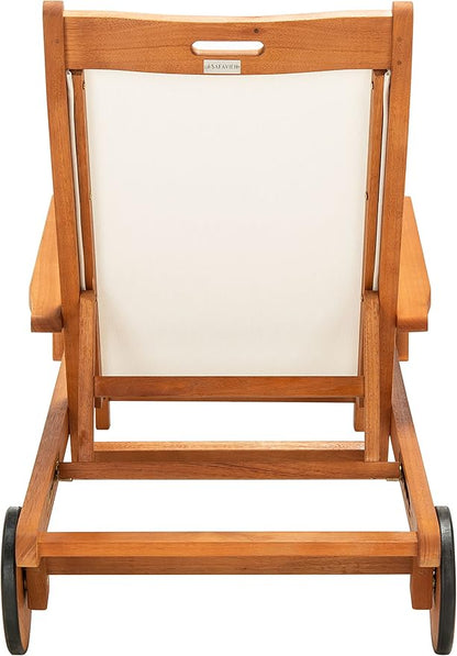 SAFAVIEH Outdoor Collection Kamson Natural Brown Solid Wood/Beige Fabric Adjustable Chaise Lounge Chair (PAT7071A)