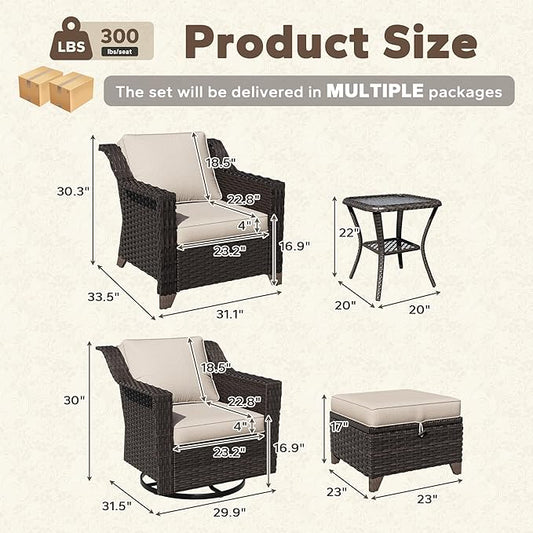 7 Pieces Patio Conversation Furniture Set - 2 Armchairs, 2 Ottomans, 2 Swivel Chairs, 1 Side Table, Outdoor Wicker Furniture with Removable Cushions for Porch, Balcony, Sunroom (Beige)