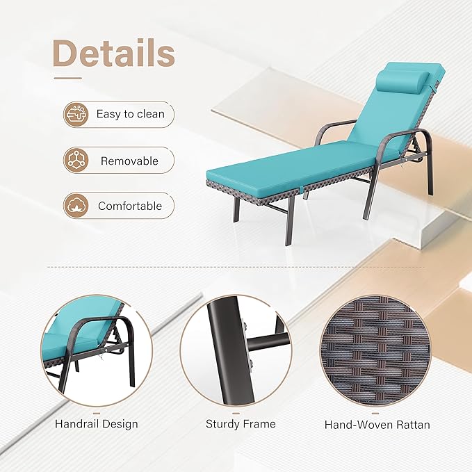 Kurapika Patio Chaise Lounge Set 3 Pieces Outdoor Lounge Chair, Rattan Reclining Chair Adjustable Backrest, Pool Sunbathing Recliners with Folding Table for Poolside Beach, Blue