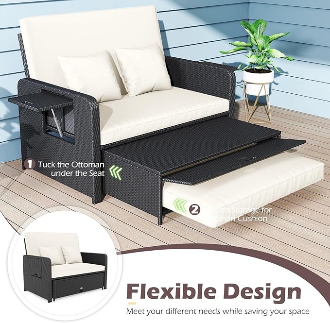COSTWAY Patio Rattan Daybed with Cushions, Outdoor Wicker Loveseat Sofa with Storage Ottoman, 4-Level Adjustable Backrest, Bed Lounger for Yard, Balcony, Porch, Garden, Pool (Black+White)