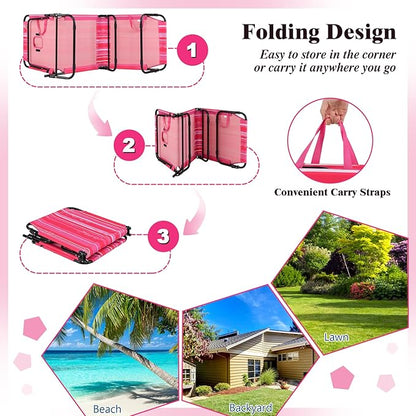 Giantex 2-Pack Tanning Chair, 350lbs Adjustable Patio Lounge Chair w/Face Hole, Removable Pillows, Carry Strap, Outdoor Folding Chaise Lounge for Layout Beach Poolside Lawn, Stripe Pink