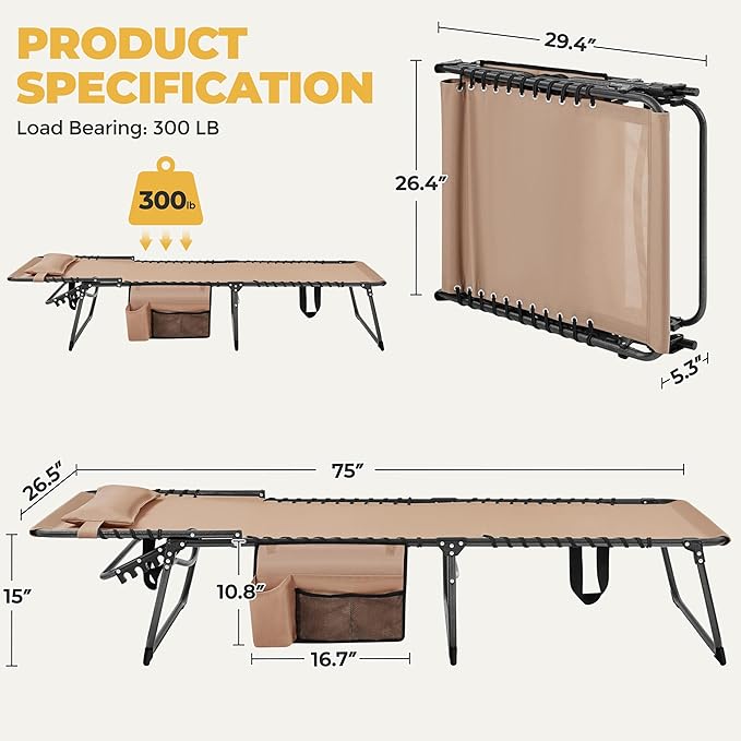 Yaheetech 26.4" Outdoor Folding Tanning Chair, Chaise Lounge Chairs with 5 Back Position Adjustable, Extended Portable Lounger for Beach, Patio, Beige