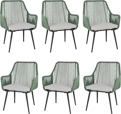 Patio Dining Chairs, Outdoor Dining Chairs with Armrest and Cushion Set of 6, Woven Twisted Wicker Rattan Chair, Modern Indoor Outdoor Seating for Garden, Lawn, Backyard, Green