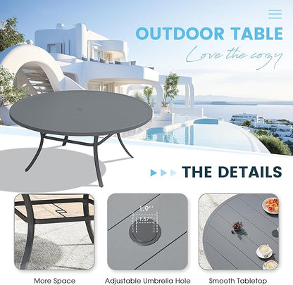 Patio Dining Table for 8-10, Round Metal Outdoor Table with 1.57" Umbrella Hole, 63" Outdoor Slat Tabletop Dining Table for Backyard, Porch, Lawn, Dark Grey