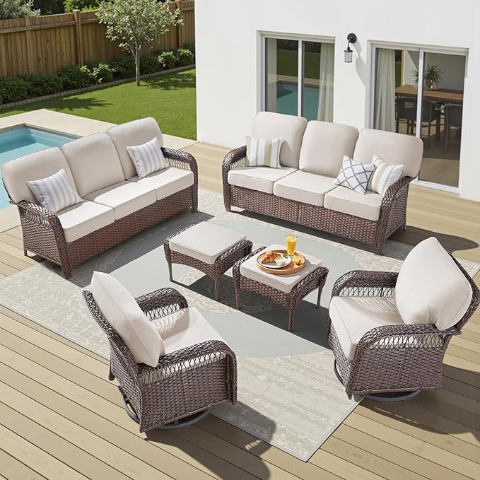 6 Pieces Wicker Outdoor Furniture, All Weather Wicker Swivel Rocker Patio Chairs Outdoor 3 Seater Sofa with Ottomans, Conversation Sets Patio Furniture for Deck Porch Garden Backyard, Beige