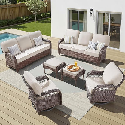 6 Pieces Wicker Outdoor Furniture, All Weather Wicker Swivel Rocker Patio Chairs Outdoor 3 Seater Sofa with Ottomans, Conversation Sets Patio Furniture for Deck Porch Garden Backyard, Beige