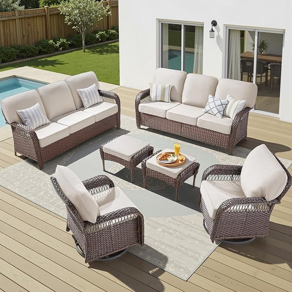 6 Pieces Wicker Outdoor Furniture, All Weather Wicker Swivel Rocker Patio Chairs Outdoor 3 Seater Sofa with Ottomans - Photo 1