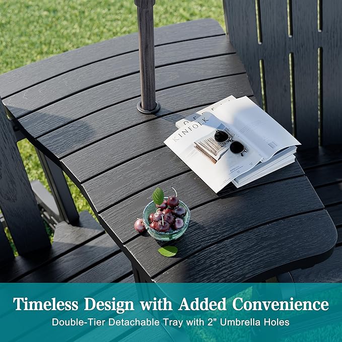 JY QAQA Outdoor Adirondack Chair Set of 2, All-Weather HDPE Patio Furniture with Detachable Table, Wood Texture & Cup Holder for Patio, Poolside, Garden, Black