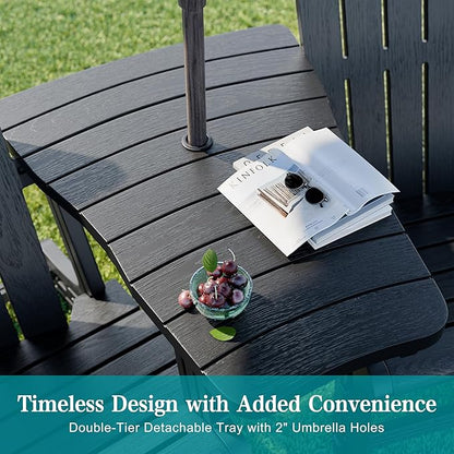 JY QAQA Outdoor Adirondack Chair Set of 2, All-Weather HDPE Patio Furniture with Detachable Table, Wood Texture & Cup Holder for Patio, Poolside, Garden, Black