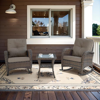 Belord Wicker Porch Rocking Chairs - 3 Pieces Patio Bistro Set High Back Outdoor Rocker Chairs Set with Side Table for Deck Balcony Brown/Grey