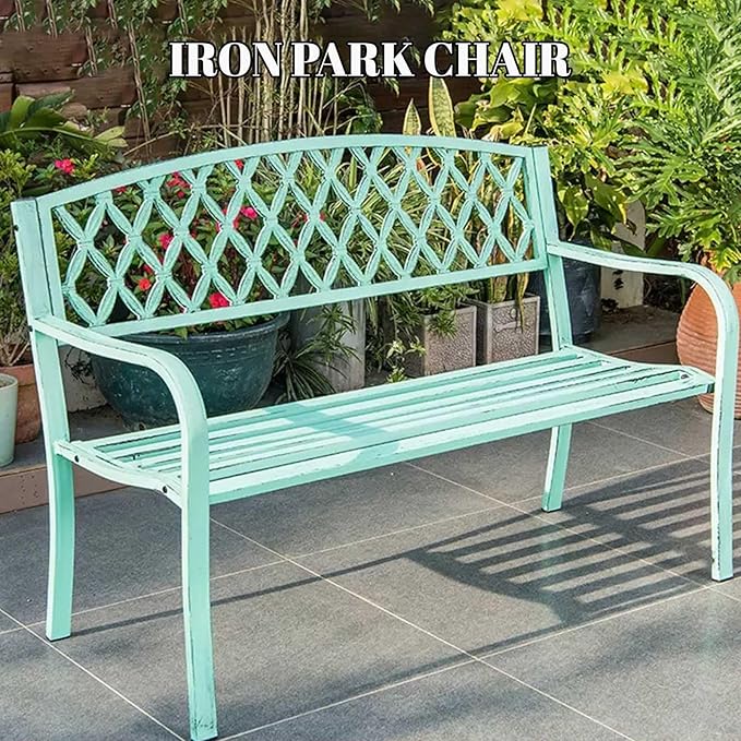 50" Porch Benches Outdoor,Metal Garden Bench,Patio 3-Seater Chair,with Armrests & Backrest，Weather Proof Porch Path Chair，Patio Yard Bench for Garden, Poolside, Balcony，Entryway
