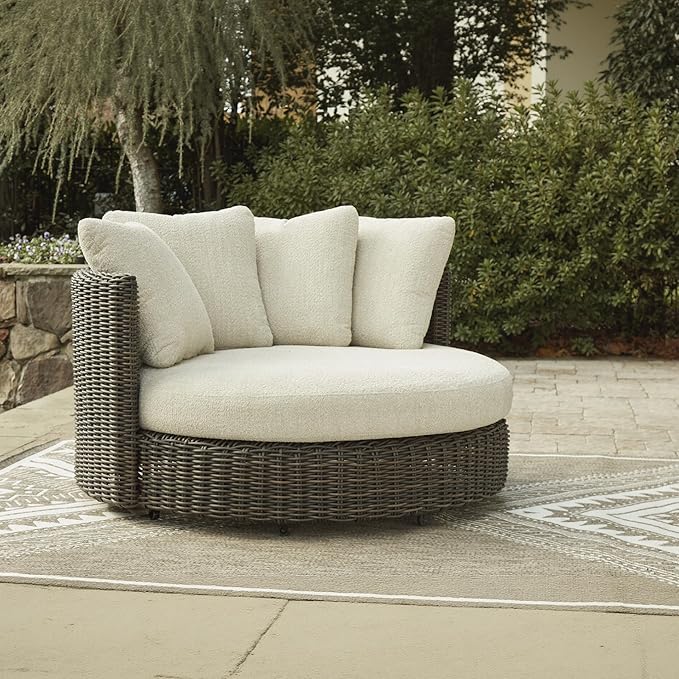 Signature Design by Ashley Kimora Casual Nuvella Weather Resistant Fabric Outdoor Swivel Lounge Chair with Zippered Removable Cushion and Casters, Beige & Dark Brown