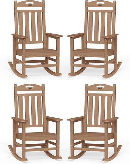 Oversized Outdoor Rocking Chairs Set of 4, High Back Porch Rocker Chair, HDPE All Weather Resistant Rocking Chairs for Patio,380lbs Weight Capacity, Teak