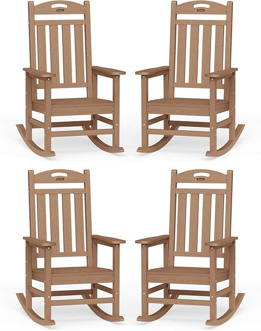 Oversized Outdoor Rocking Chairs Set of 4, High Back Porch Rocker Chair, HDPE All Weather Resistant Rocking Chairs for Patio,380lbs Weight Capacity, Teak