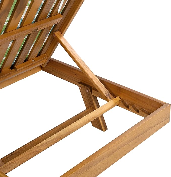 Acacia Wood Outdoor Chaise Lounge with Open Slatted Side, 4-Position Pool Lounge Chairs with All-Weather Cushion, Teak Finish Reclining Patio Chair, 300Lbs Capacity (Green Leaf, 2 inch)