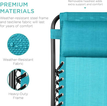 Best Choice Products Set of 2 Adjustable Steel Mesh Zero Gravity Lounge Chair Recliners w/Pillows and Cup Holder Trays - Peacock Blue