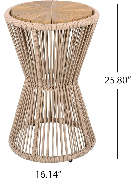Merax 2 Pieces Round Outdoor Side Table Set, Bohemian Patio Side Tables with Acacia Wood Top and Beige Handwoven Rope Base for Garden, Pool, Yard, Elegant Hourglass Design, No Assembly, 25.8" Height