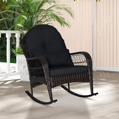 ORALNER Wicker Patio Rocking Chair, Outdoor PE Rattan Rocker with Seat and Back Cushion, Waist Pillow, Armrests, Garden Chair for Porch, Backyard, Poolside, Deck (1, Black)