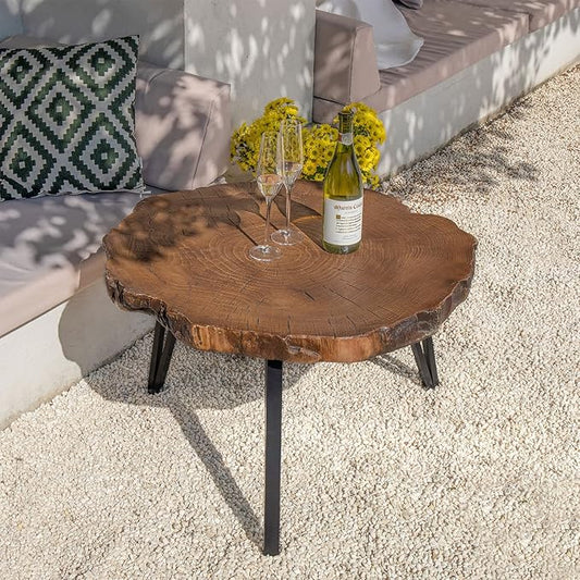 COSIEST Outdoor Faux Wood Tree-Slice Coffee Table, Natural Oak Hand Painted Finish 31.5x20, 3 Black Metal Legs End Table