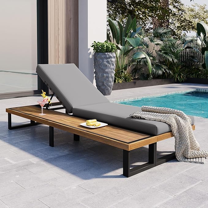 Sleek Outdoor Patio Chaise Lounge with 5-Position Adjustable Backrest and Wood Side Table, All-weather Lounge Chair Reclining with Cushion and Steel Frame for Backyard Poolside Garden (Gray+Wood1)