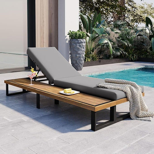 Sleek Outdoor Patio Chaise Lounge with 5-Position Adjustable Backrest and Wood Side Table, All-weather Lounge Chair Reclining with Cushion and Steel Frame for Backyard Poolside Garden (Gray+Wood1)