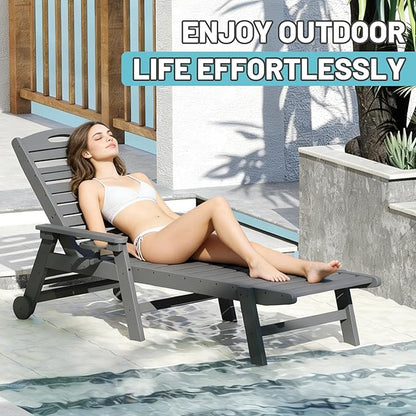 Outdoor Lounge Chairs, 78'' Long Patio Lounge Chair HDPE 5-Position Adjustable with Cup Holder & Rolling Wheels, Pool Lounge Chair for Sunbathing Tanning, Deck, Poolside -Grey