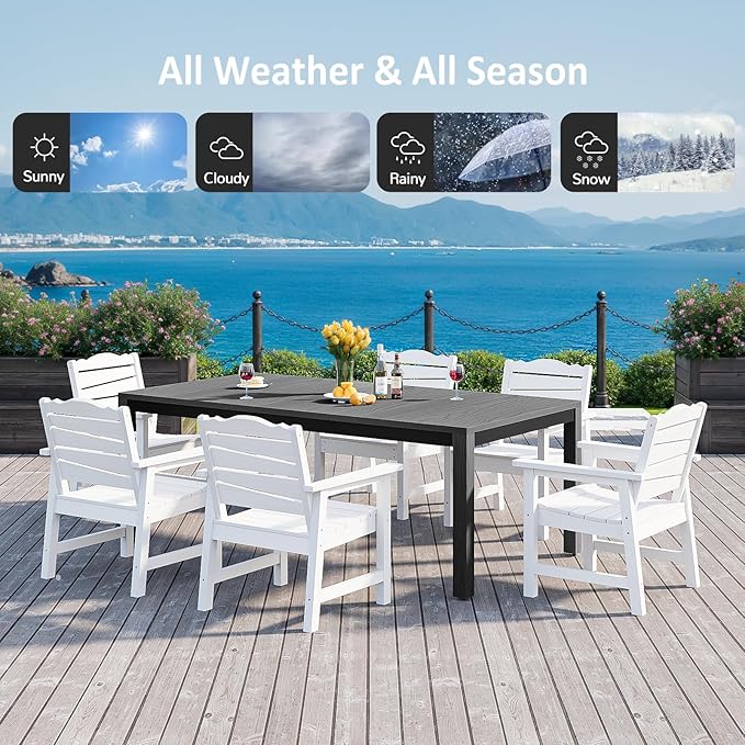Outdoor Dining Table, Weatherproof 63" Rectangle HIPS Patio Dining Table for 6, with 2" Umbrella Hole, Outdoor Table for Backyard Deck Poolside, Gray
