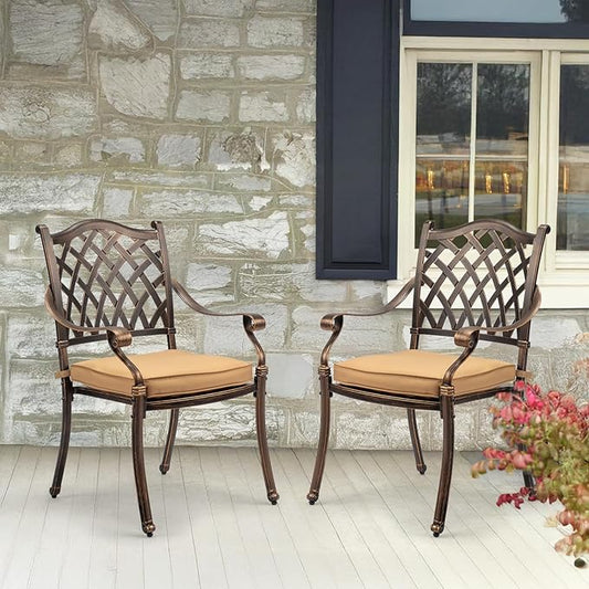 VINGLI Patio Chairs Set of 2 - Stackable Outdoor Cast Aluminum Dining Chairs with Vintage Bronze Finish and Diamond Pattern, Metal Armchairs for Poolside, Backyard, Balcony (with Cushion)