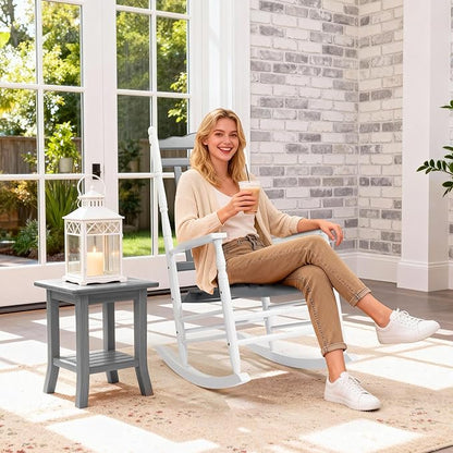 VINGLI Wooden Rocking Chair, Outdoor Chair with 450 lbs Support, Relaxing Rocker with Solid Wood High Back Seat Reclining Seat for Deck, Garden, Backyard, Porch (White & Grey, 2PCS)