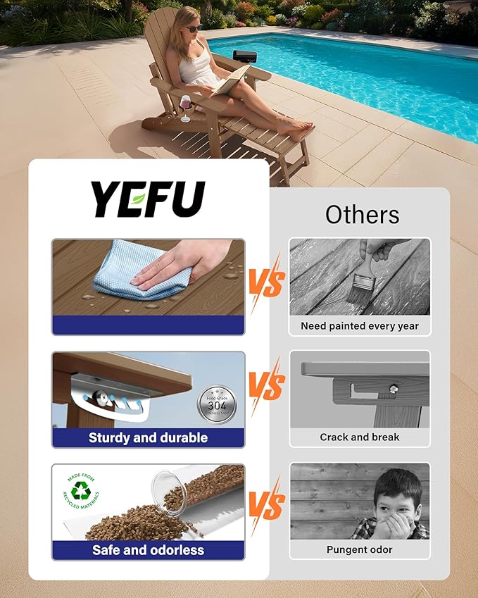 YEFU Folding Adirondack Chair with Footrest,Adjustable Adirondack Chair with Retractable Ottoman & 2 Cup Holder, 5-Level Adjustable Adirondacks Chairs, for Outdoor, Pool, Patio, Fire Pit (Teak)