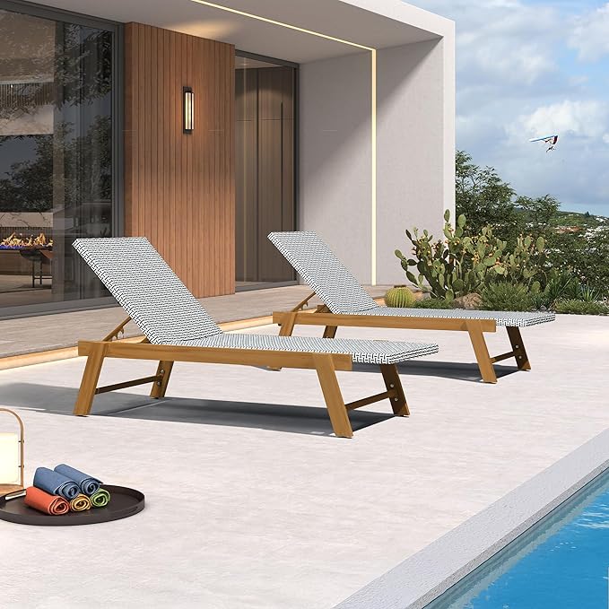 PURPLE LEAF Extra Large Patio Chaise Lounge 2 Pieces French Outdoor Wicker Lounger Matte Teak Aluminum Frame 771LBS Capacity PE Rattan Adjustable Backrest for Pool Garden Beach Backyard White