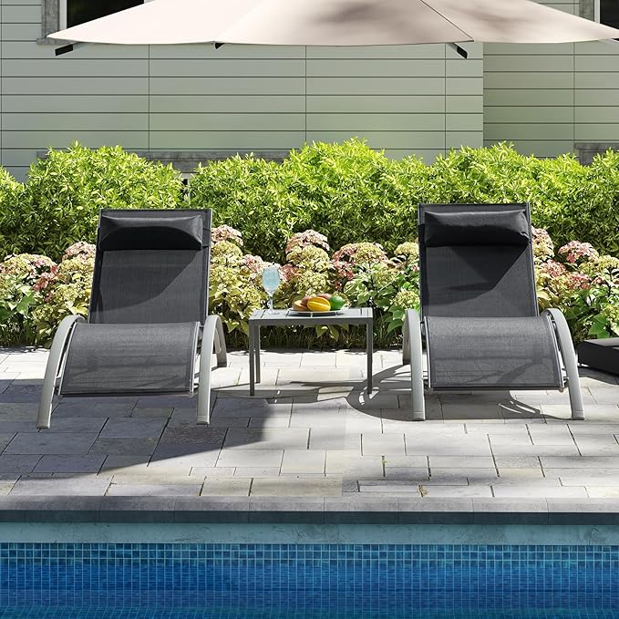 Domi Pool Lounge Chairs Set of 3, Outdoor Chaise Lounge with Side Table - Photo 1